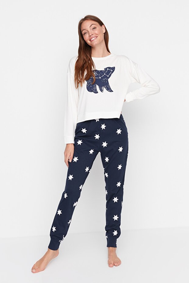 Çok Renkli %100 Pamuklu Yıldız Desenli Örme Pijama Takımı THMAW21PT0241 - 2
