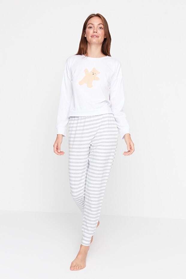 Gri %100 Pamuklu Ayıcıklı Örme Pijama Takımı THMAW21PT0302 - 2