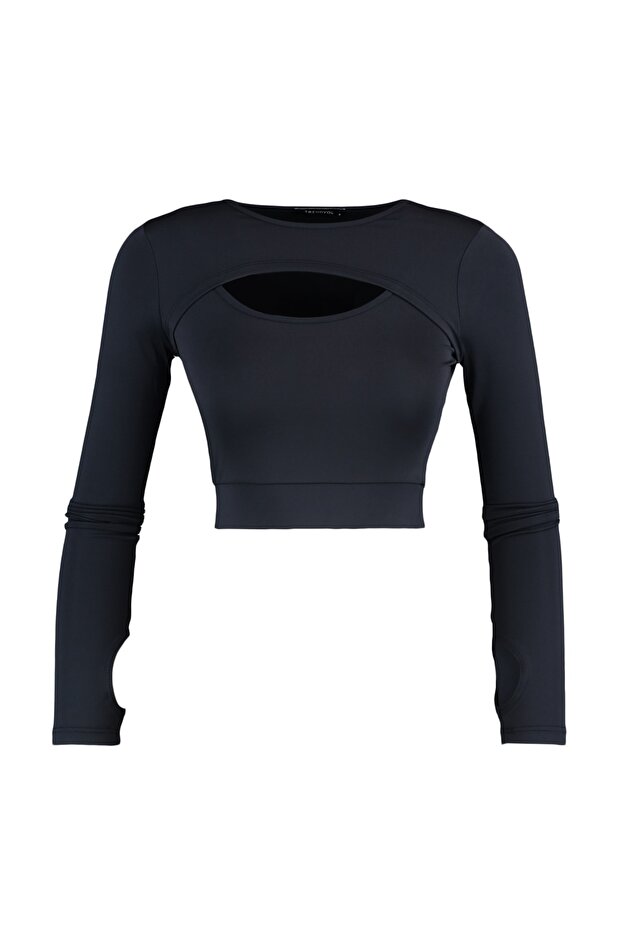 Koyu Antrasit Crop Pencere/Cut Out ve Baş Parmak Delik Detaylı Örme Spor Üst/Bluz TWOAW22BZ0481 - 6