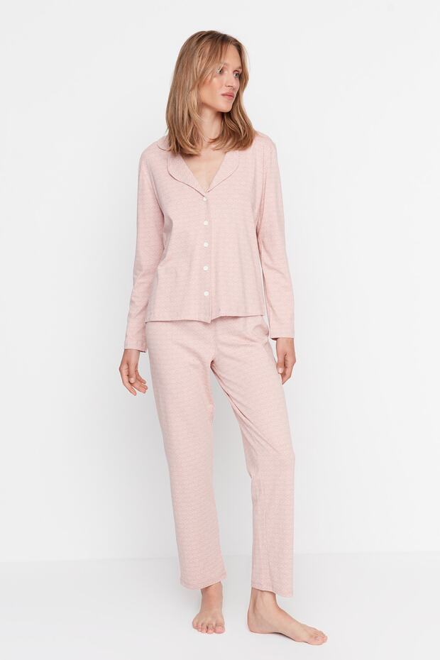 Pudra %100 Pamuklu Baskılı Örme Pijama Takımı THMAW20PT0265 - 5