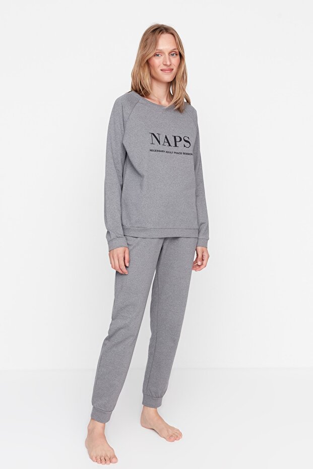 Antracytowy zestaw T-shirt-Jogger z napisem i piżamą z dzianiny THMAW21PT0497 - 15