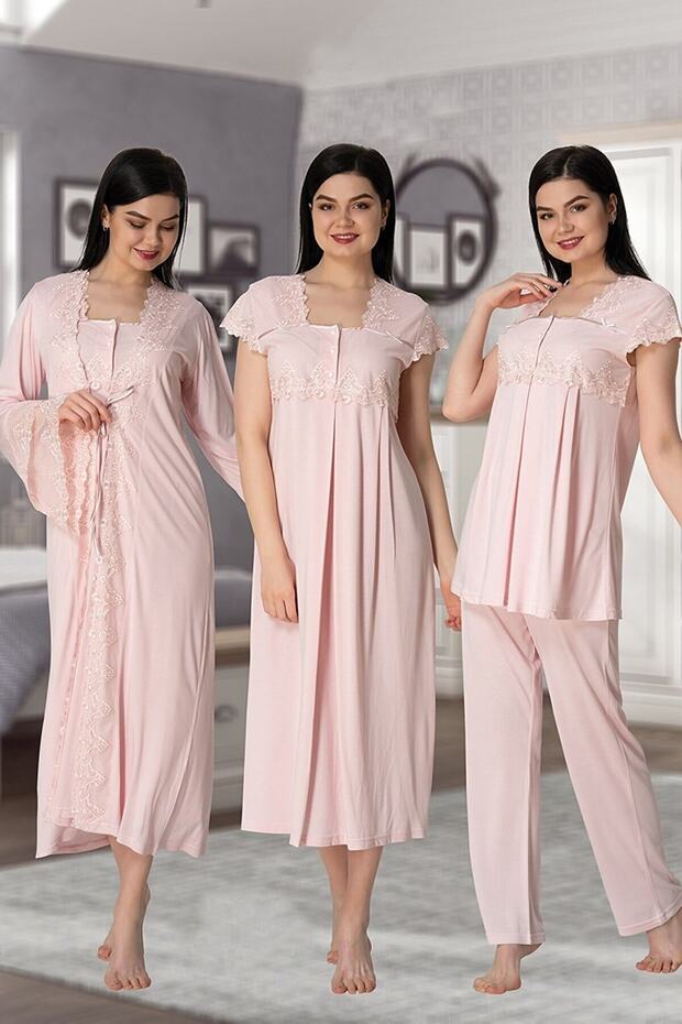 Women's Pink Pregnant Maternity Dressing Gown Pajama Nightgown Set of 4