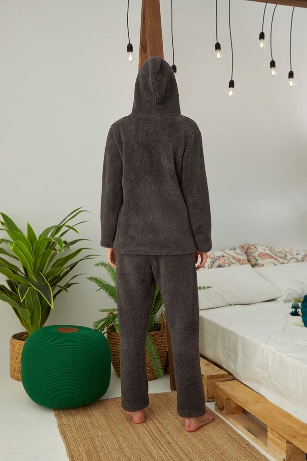 Antrasit Nakışlı Alt-üst Kapişonlu Wellsoft Pijama Takım - 3