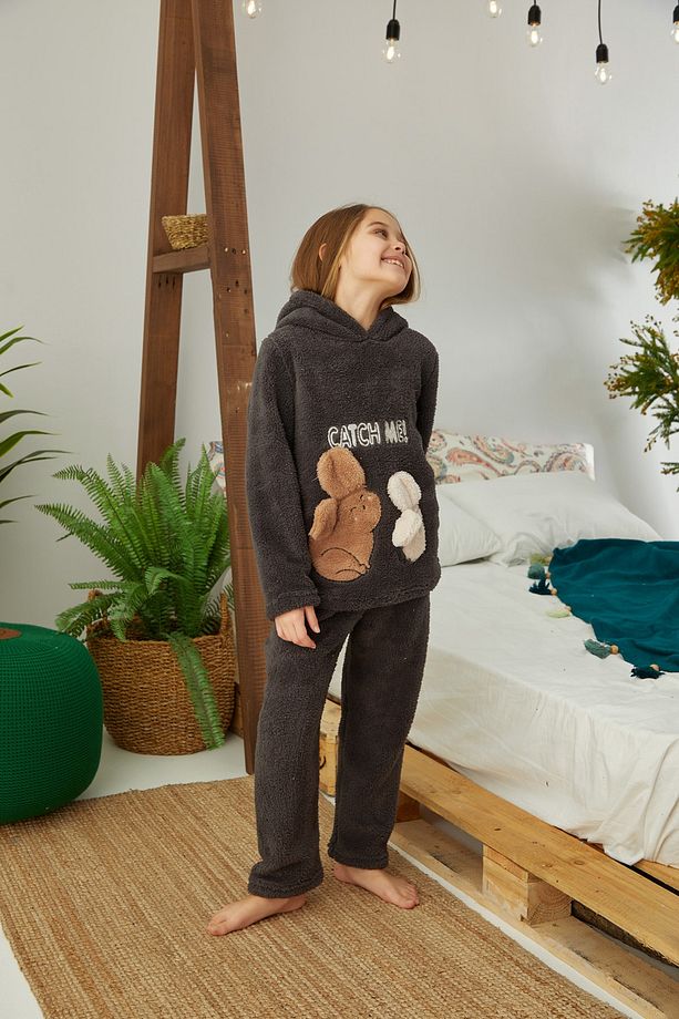 Antrasit Nakışlı Alt-üst Kapişonlu Wellsoft Pijama Takım - 4