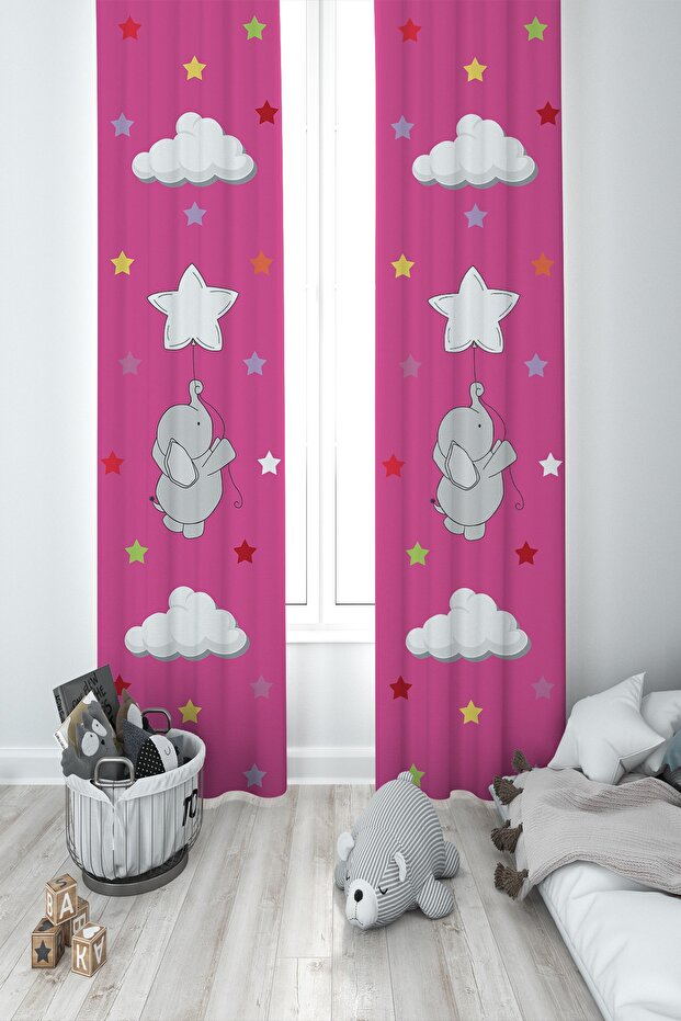 Baby and Children's Room Pink Flying Star and Elephant Two Wing Background Curtain Bmfp-310