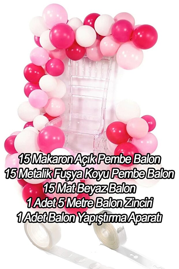 45 Balloon Chain: (15 Macarons Pink, 15 Metallic Fuchsia, 15 Matte White Balloons, Chain, Adhesive)