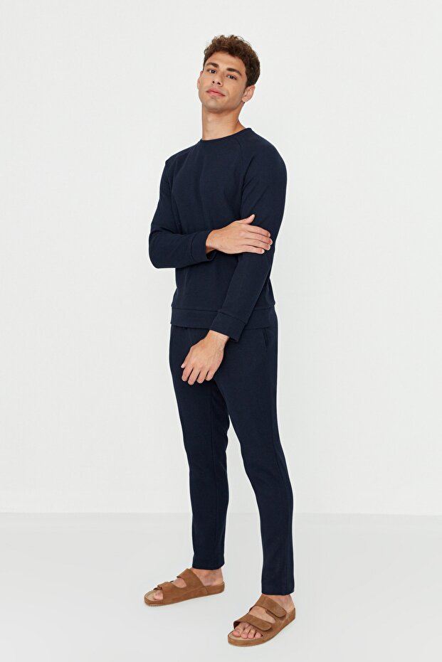 Granatowy zestaw piżam z dzianiny waflowej o regularnym kroju TMNAW23PT00015 - 2
