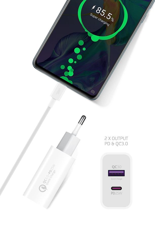 PD QC 25 Watt Type-C ve USB-A Çift Girişli Hızlı Şarj Başlığı Adaptör - 3