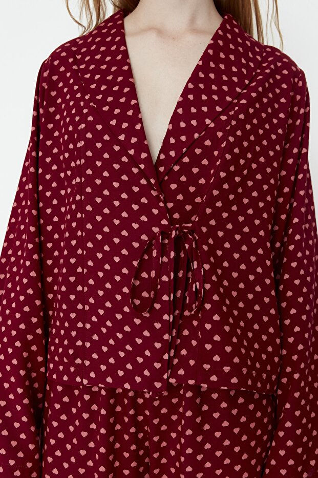 Bordo Kalpli Bağlama Detaylı Viskon Dokuma Pijama Takımı THMAW22PT0300 - 3