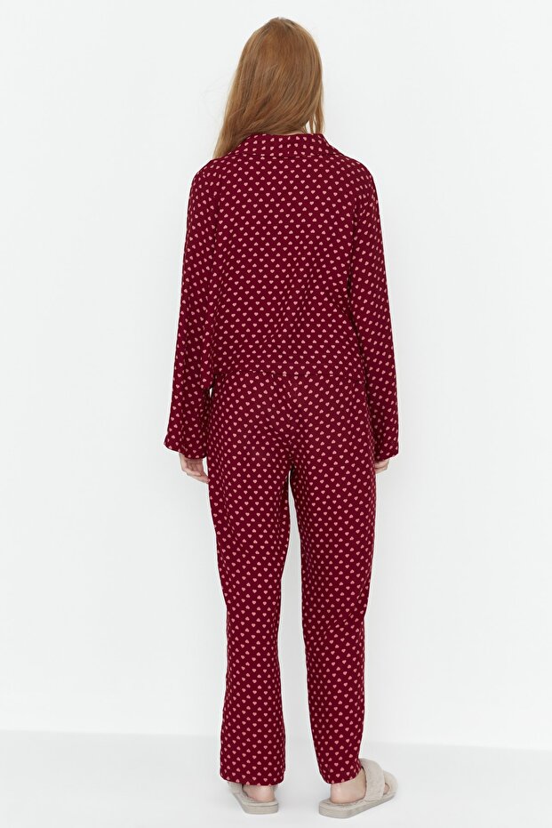 Bordo Kalpli Bağlama Detaylı Viskon Dokuma Pijama Takımı THMAW22PT0300 - 5