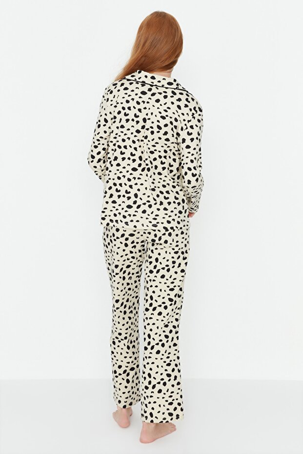 Bej %100 Pamuklu Leopar Desenli Gömlek-Pantolon Örme Pijama Takımı THMAW21PT0489 - 8