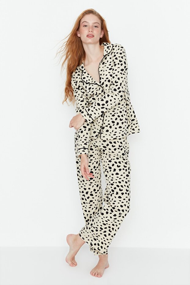 Bej %100 Pamuklu Leopar Desenli Gömlek-Pantolon Örme Pijama Takımı THMAW21PT0489 - 4