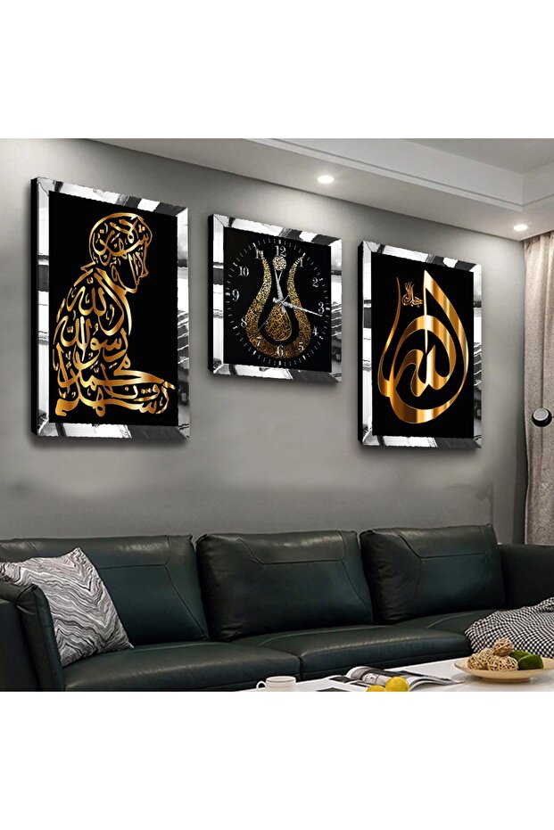 طقم طاولة MDF ثلاثية بإطار زجاجي شفاف فضي اللون وعزر ديني ومجموعة ساعات