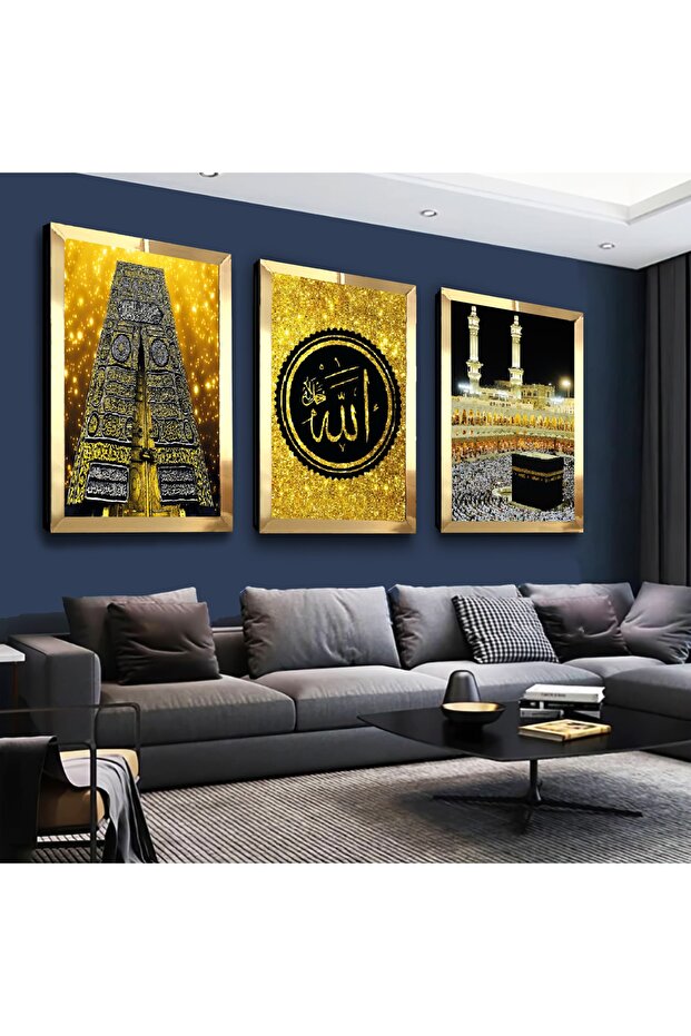 Gold Mirrored Plexiglass Framed Kaaba and Allah Words Triple Mdf Painting Set
