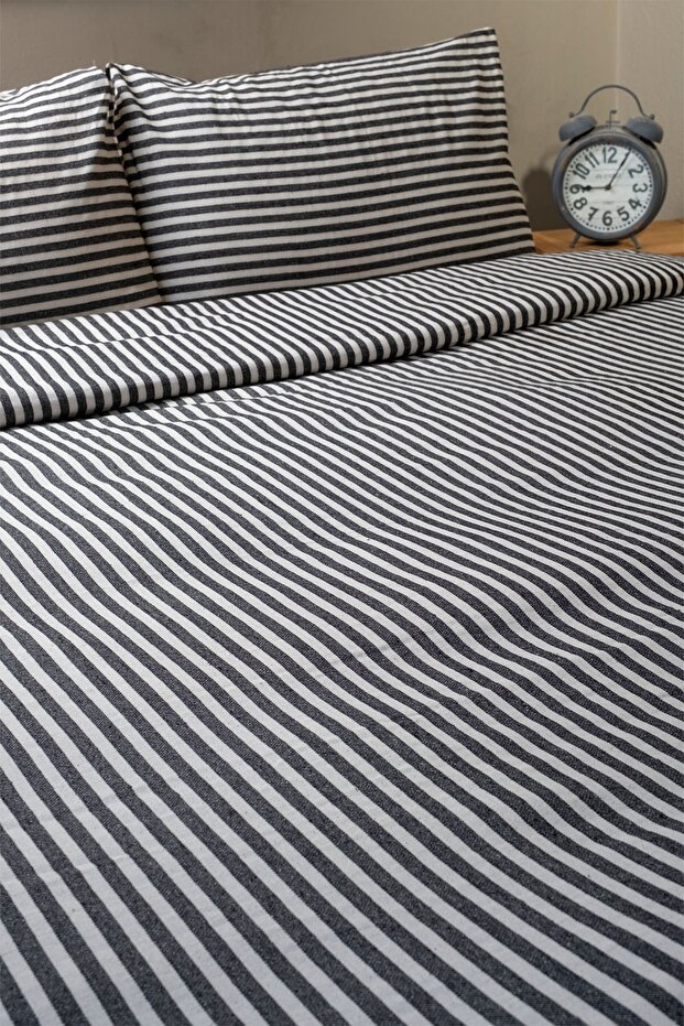 Black Striped Linen Double Duvet Cover Pillow Set 200x220 Cm