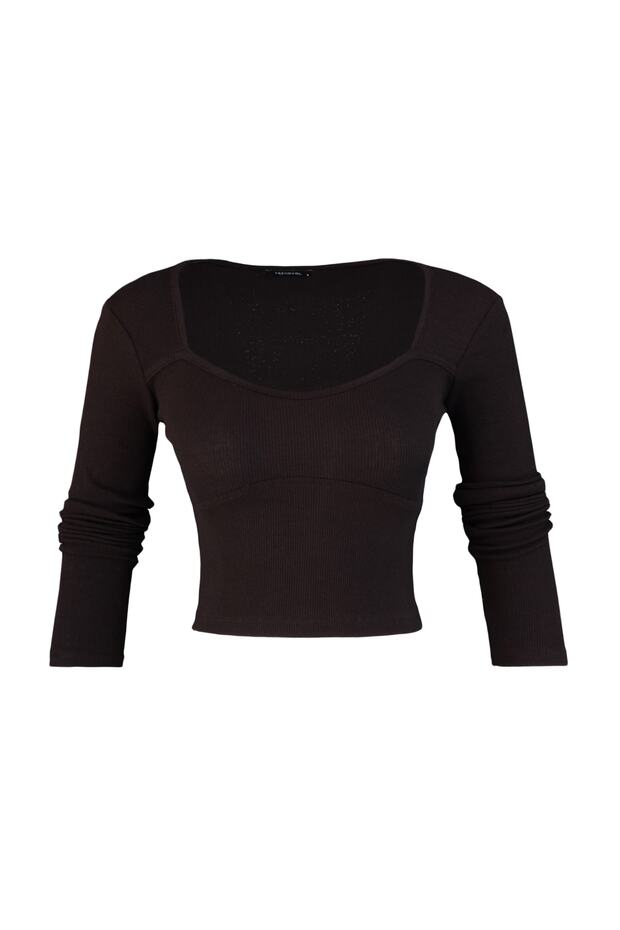 Kahverengi Dikiş Detaylı Fitted/Vücuda Oturan Crop Fitilli Esnek Örme Bluz TWOAW22BZ0530 - 6
