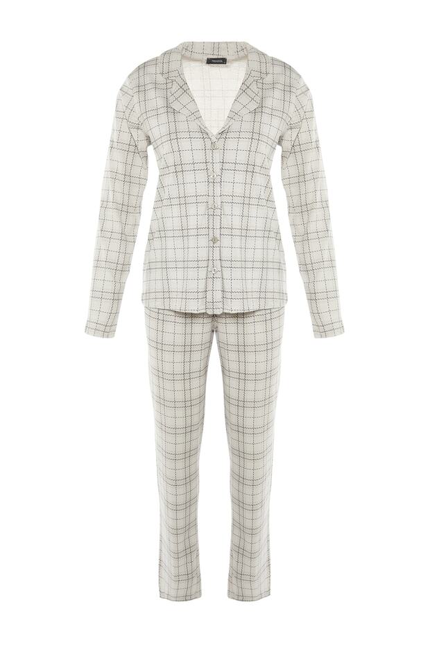 Gri %100 Pamuklu Ekoseli Örme Pijama Takımı THMAW20PT0266 - 6