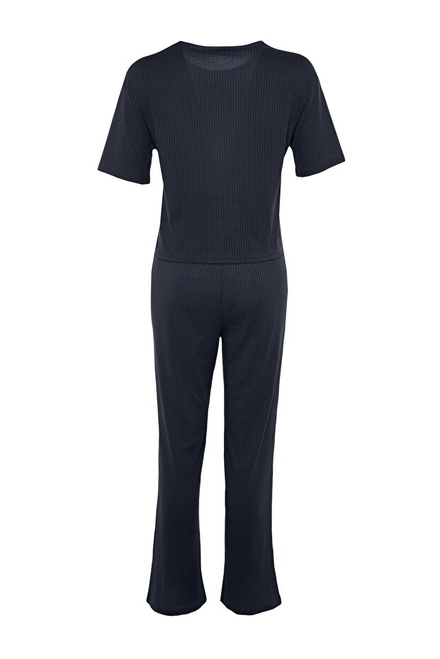Lacivert Slogan Baskılı Lastik Detaylı Fitilli T-shirt-Pantolon Örme Pijama THMSS21PT1016 - 8