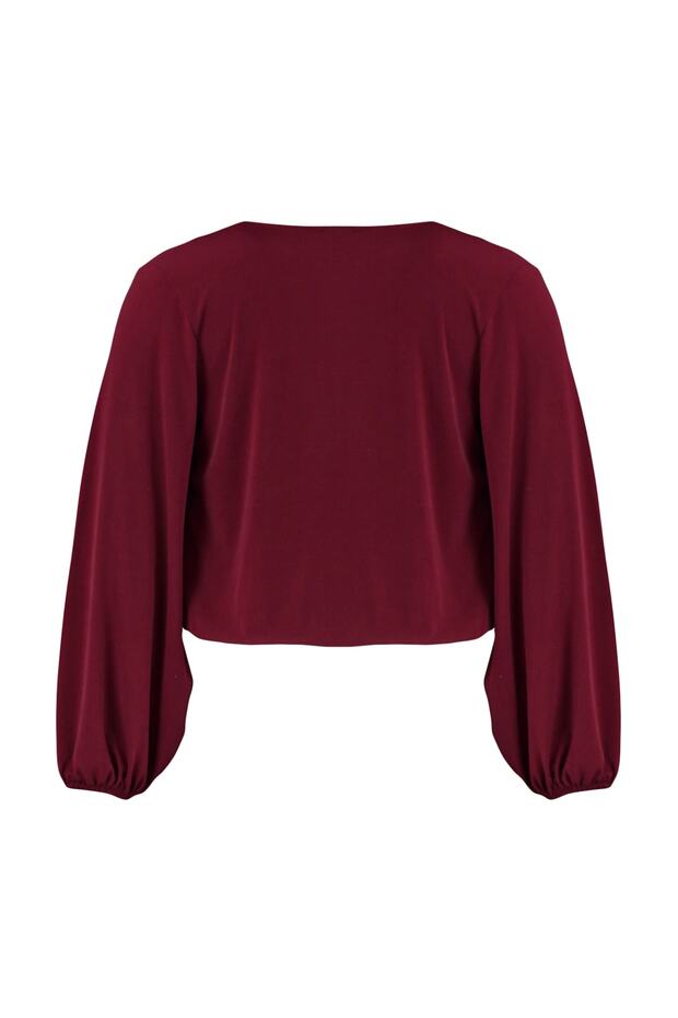 Bordo Balon Kol Kruvaze Yaka Örme Cop Bluz TBBAW23AF00029 - 8