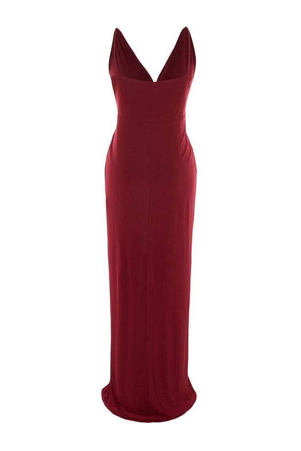 Bordo Örme Drape Detaylı Maxi/Uzun Abiye Elbise TBBSS22AD00000 - 7
