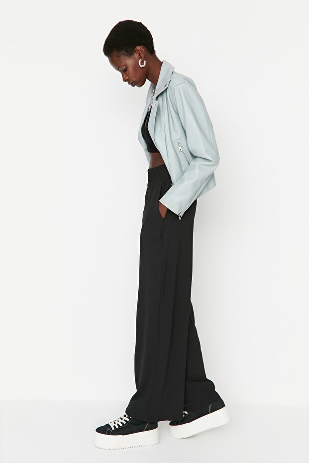 Siyah Wide Leg/Geniş Paça Beli Lastikli Dokuma Pantolon TWOSS22PL00024 - 5