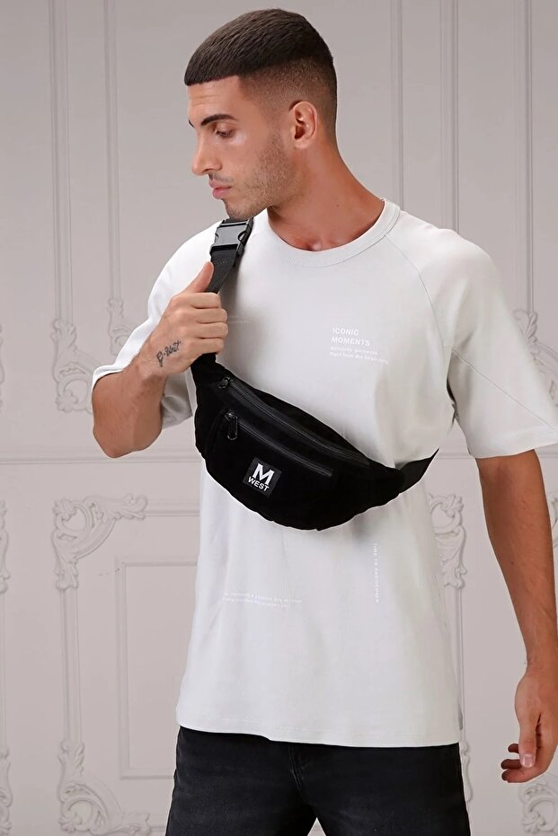 Unisex Black Suede 3-Compartment Cross Shoulder and Waist Bag