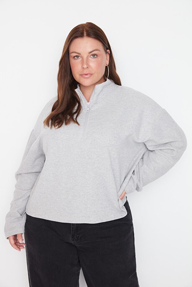 Gri Selanik/Triko Görünümlü Fermuarlı Yaka Regular/Normal Kalıp Örme Sweatshirt TBBAW23AO00006 - 2
