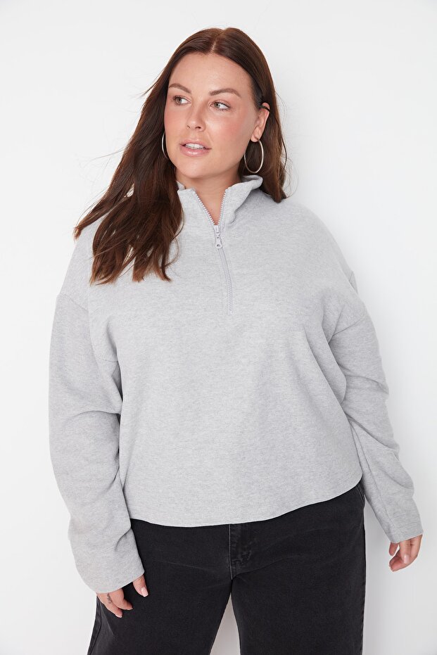 Gri Selanik/Triko Görünümlü Fermuarlı Yaka Regular/Normal Kalıp Örme Sweatshirt TBBAW23AO00006 - 1