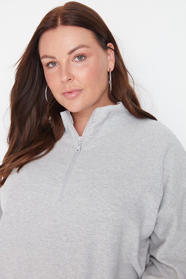 Gri Selanik/Triko Görünümlü Fermuarlı Yaka Regular/Normal Kalıp Örme Sweatshirt TBBAW23AO00006 - 3