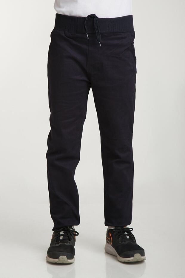 Unisex Kids Ribbed Waist Navy Blue Comfortable Fit Canvas School Pants