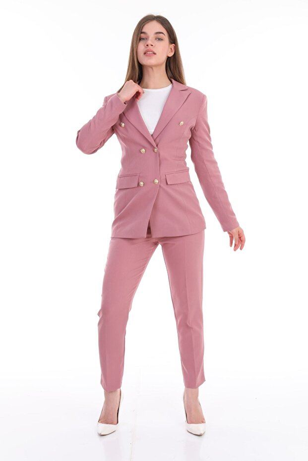 Buttoned Fake Pocket Blazer Jacket Pipe Leg Belt Pocket Stretchy Pants Suit