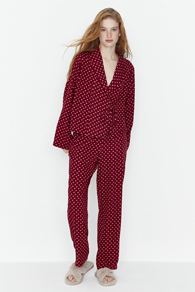 Bordo Kalpli Bağlama Detaylı Viskon Dokuma Pijama Takımı THMAW22PT0300 - 6