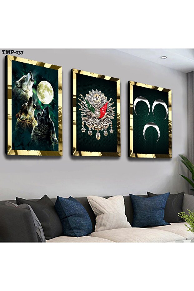 Gold Mirrored Plexi Çerçevel Bozkurt and 3Hilal Triple Mdf Table Set