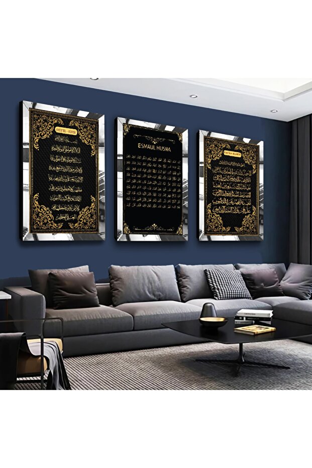 Silver Mirrored Plexiglass Framed Esmaül Hüsna, Ayetel Kursi, Fatiha Time Religious Triple Mdf Painting Set