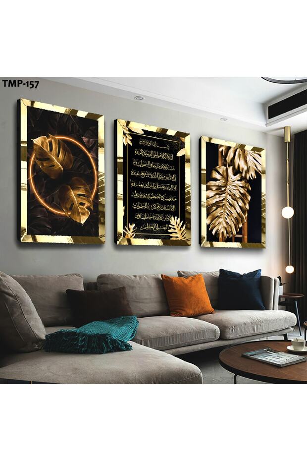 طقم طاولة MDF ثلاثية دينية مع إطار زجاجي شفاف ذهبي
