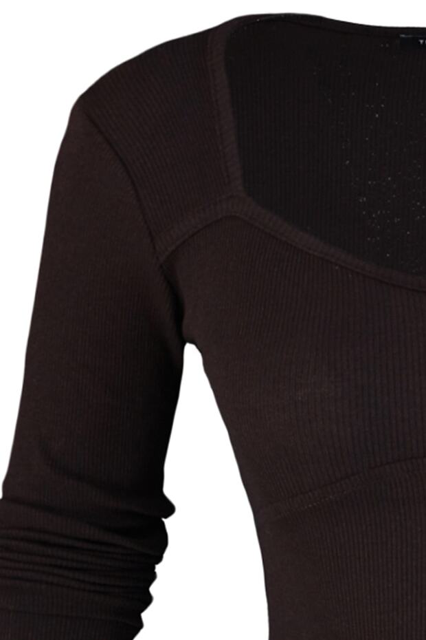 Kahverengi Dikiş Detaylı Fitted/Vücuda Oturan Crop Fitilli Esnek Örme Bluz TWOAW22BZ0530 - 7