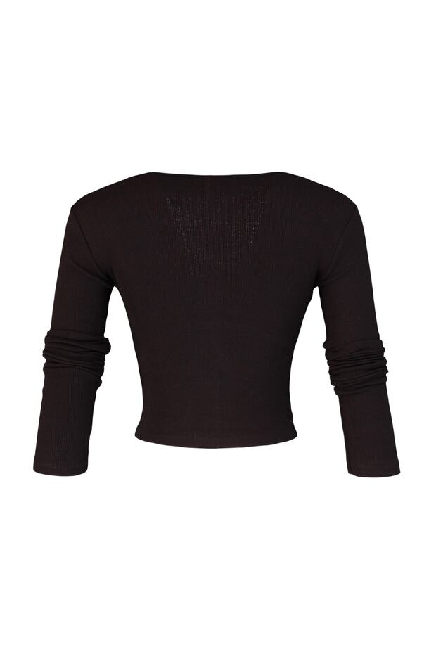 Kahverengi Dikiş Detaylı Fitted/Vücuda Oturan Crop Fitilli Esnek Örme Bluz TWOAW22BZ0530 - 8