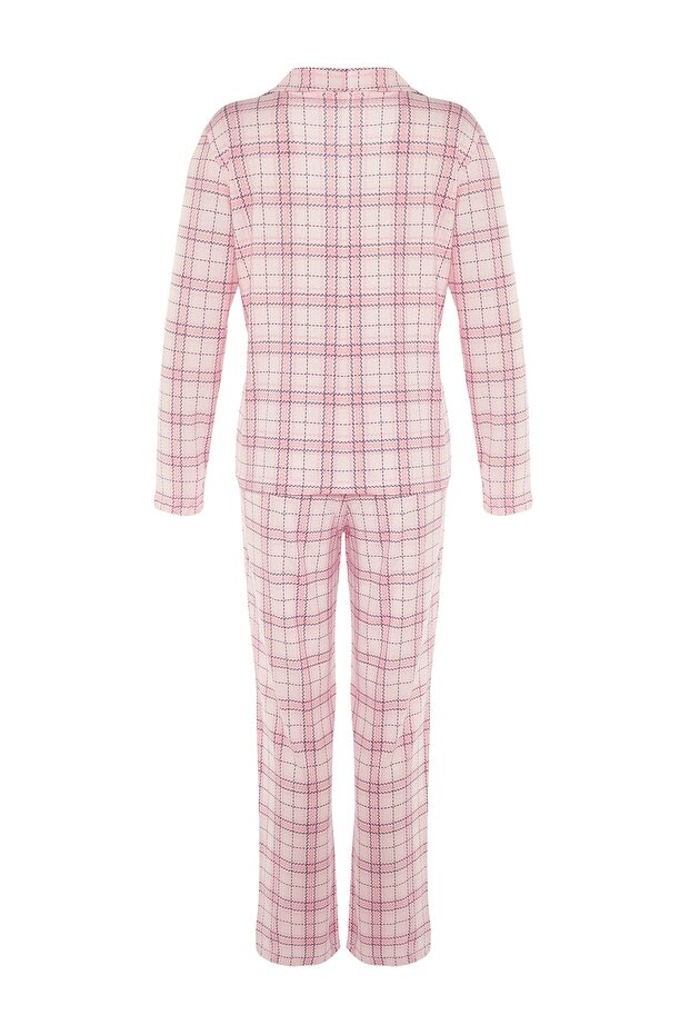 Pembe %100 Pamuklu Ekoseli Örme Pijama Takımı THMAW20PT0266 - 9