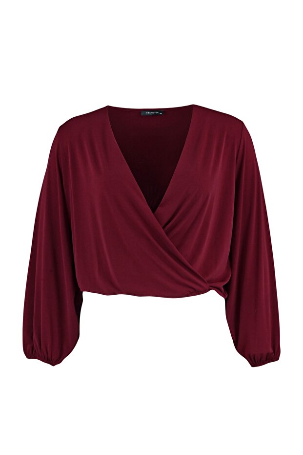 Bordo Balon Kol Kruvaze Yaka Örme Cop Bluz TBBAW23AF00029 - 7
