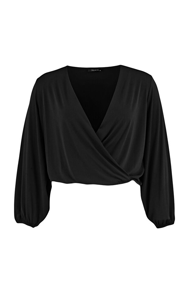 Siyah Balon Kol Kruvaze Yaka Örme Crop Bluz TBBAW23AF00029 - 6