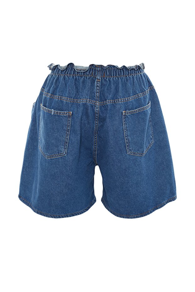 Mavi Lastikli Yüksek Bel Geniş Kesim %100 Pamuk Non-Stretch Büyük Beden Denim Şort TBBSS22JE00015 - 6