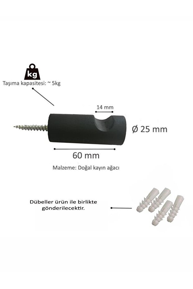 Ahşap Modern Duvar  Banyo Askılık 4 lü Set Dekoratif Askı  Siyah - 4