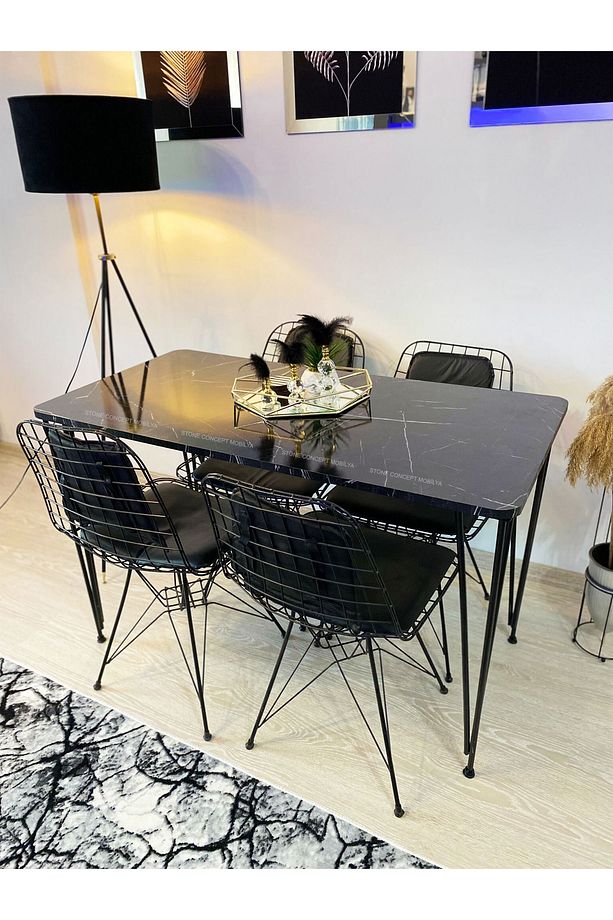 Yemek Masa Takımı Mutfak Masası Sırt Minderli 4 Adet Tel Sandalye 1 Adet Masa 60x120 Siyah - 1