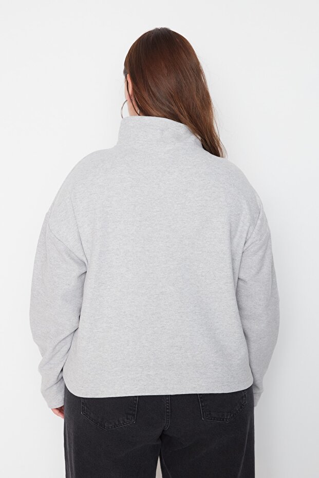 Gri Selanik/Triko Görünümlü Fermuarlı Yaka Regular/Normal Kalıp Örme Sweatshirt TBBAW23AO00006 - 5