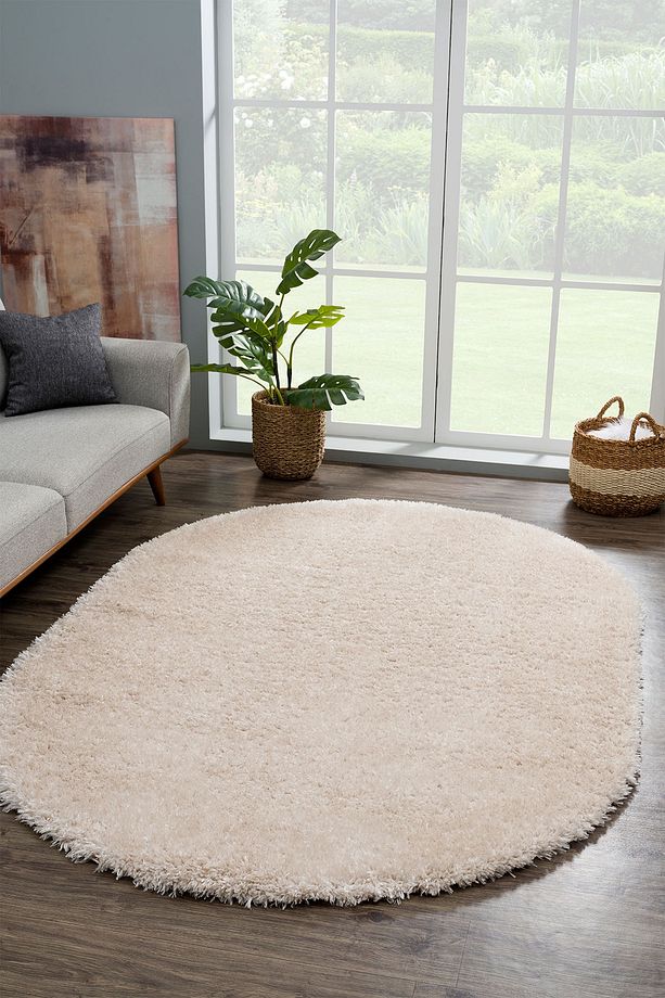 Açık Bej Yumuşak Post- Peluş Shaggy Modern Dokuma Halısı ( Oval Modeli) - 1