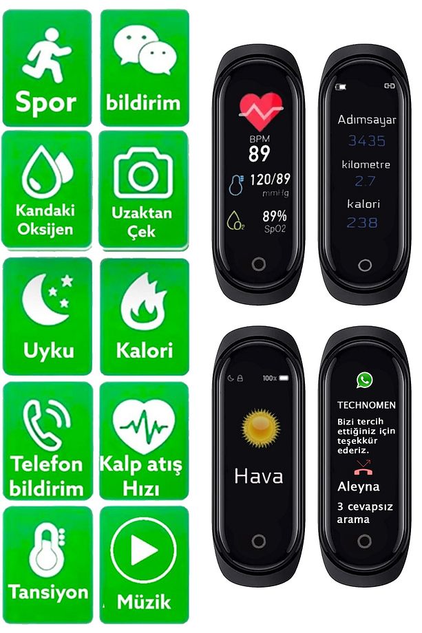 M4 Akıllı Bileklik I12 Siyah Bluetooth Kulaklık Ios Android Uyumlu Set - 2