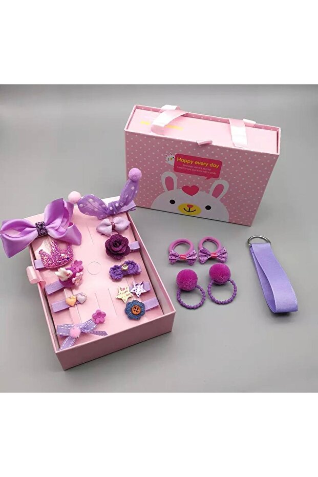 18 Pieces Bag Boxed Luxury Baby Kids Buckle Strap Set Rubber Collet Bow Glitter Lilac Purple