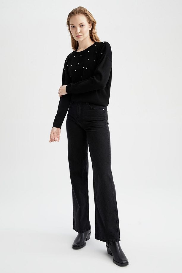 Regular Fit Bisiklet Yaka Taşlı Kazak - 2