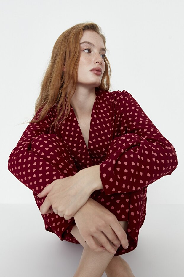 Bordo Kalpli Bağlama Detaylı Viskon Dokuma Pijama Takımı THMAW22PT0300 - 4