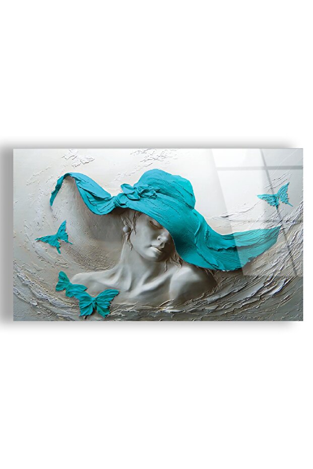 Frameless Horizontal White Background Blue Hat Sculpture Art and Butterflies Unbreakable Glass Painting